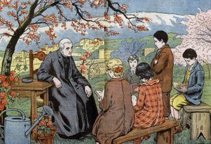 A priest and future young people who are going to take their communion, in a garden, drawing by Damblans from paper "Le Pelerin" May 17 by Eugene Damblans