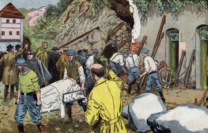 Body of American general Dunlop dead because he rescued Mrs Briant under collapse of outbuildings of Fariniere castle (France) drawing by Damblans from French paper "Le Pelerin" June 7 by Eugene Damblans