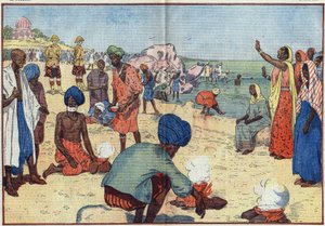 Civil Disobedience Week in India against the British Empire: On Bombay Beach, Gandhi and his supporters boil sea water to obtain salt in violation of the Gabelle Law. Women encourage them by repeating this chorus: “Break, break the law of salt, by Eugene Damblans