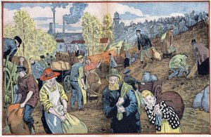 Hunters search for pieces of coal among the stones extracted from the mines to heat themselves during the winter. Ruhr Region, Germany. Illustration of Damblans. In 