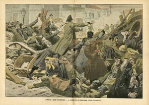 Illustration by Eugene Damblans in Le Pelerin, 05/02/05 - The struggle on the barricades in Saint Petersburg