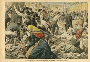Illustration of Eugene Damblans in Le Pelerin, 24/09/05 - The King of Italy visits the Calabrian villages torn by an earthquake - Miscellaneous facts, Italy, Architecture Urbanism, Destruction buildings, Natural disaster, Earthquake, Calabria