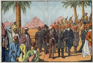 King Amanullah of Afghanistan visits the Pyramids of Egypt, accompanied by an escort of Meharists. Cairo, Egypt. Illustration of Damblans. In 