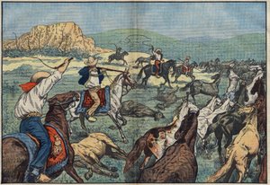 Mexican Farmers Shooting Wild Horses to Avoid Food Crunch. El Paso Plains, Mexico. Illustration of Damblans. In Le Pelerin of October 6