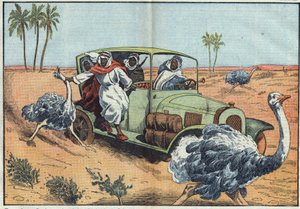 Modern hunting: In the Arabian desert, wealthy Bedouins drive young Austrians to capture them alive. Illustration of Damblans. In Le Pelerin of April 16 by Eugene Damblans