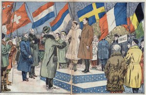 Olympic Winter Games (1932) - closing ceremony: the French skaters M. and Mrs. Brunet Joly, Olympic champions, are congratulated by the jury. Lake Placid, USA. Illustration of Damblans. In “Le Pelerin” of March 18 by Eugene Damblans