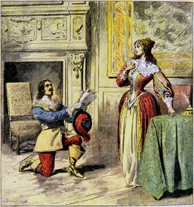 The Musketeer of Artagnan kneels at the feet of Queen Anne of Austria to return her letters (detail)
