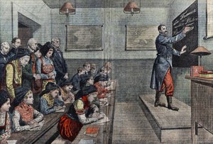 The first class in French in Alsace is reconquered. Illustration of Damblans. In “Le Pelerin” of 1914. by Eugene Damblans
