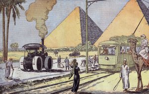 View of Giza Pyramids in Egypt, Illustration by Eugene Damblans from French Paper 