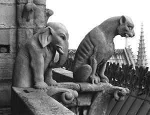 Elephant and lion gargoyles from the balustrade of the Grande Galerie of the west facade, replica of a 12th century original by Eugene Emmanuel Viollet le Duc