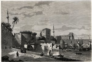 The view of the port of Rhodes and the gate of Aubusson, drawing by Eugene Flandin, to illustrate his journey to the island of Rhodes in 1844. Engraving in “Le tour du monde”, edited by Edouard Charton by Eugene Flandin
