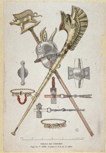 Accessories of the Gallic Warrior: Banner Decorating a Saglier Teaches, the Helmet and the Warhorn (Carnyx) - in “Illustrous Teaching Cahiers, War Costumes of the Bronze Age and the Gaulish Age”, ed. Grasset by Eugene Grasset