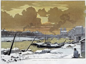 Le pont de Sully, in Paris covered snow, one evening of January 1886 - by Grasset