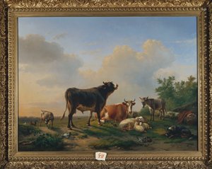 A Bull, a Cow, a Donkey, a Goat, Sheep and Poultry in an Extensive Landscape by Eugene Joseph Verboeckhoven