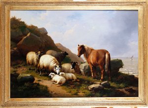 A Pony and Sheep on a Cliff with a Sailing Vessel Beyond by Eugene Joseph Verboeckhoven