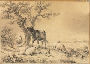 Landscape with Animals and Boy in Tree by Eugene Joseph Verboeckhoven