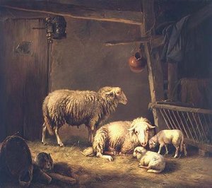 Sheep in a barn by Eugene Joseph Verboeckhoven