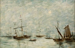Boats Moored in a Harbour by Eugene Louis (attr.to) Boudin