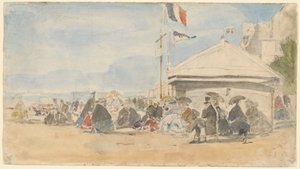 Beach House with Flags at Trouville, c. 1865 by Eugene Louis Boudin