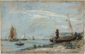 Beach with Fishing Boats and Charcoal by Eugene Louis Boudin