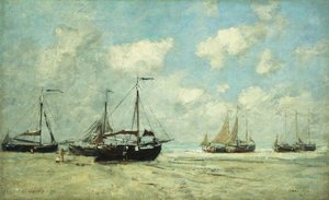 Boats on the Shore at Scheveningen by Eugene Louis Boudin