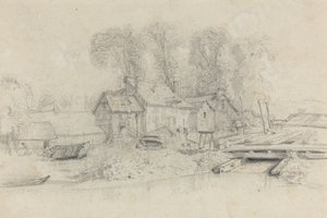 River Landscape with Buildings, Boats, and Figures by Eugene Louis Boudin