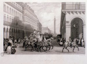 Cortege of an ambassador on the Place de la Bourse upon his arrival in Paris. Engraving by Eugene Louis Lami 1843 Private collection by Eugene Louis Lami