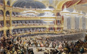 Masked ball at the Paris Opera in the 19th century. Engraving by Eugène Lami (1800 - 1890)