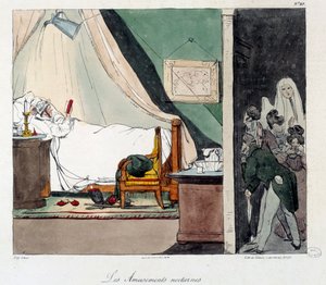 Night Fun. Children Are Afraid to Scare a Person Reading in Bed. Illustration of the Book La vie de chateau by Eugene Louis Lami