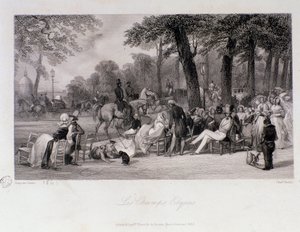 Passengers and walkers on the Champs Elysees in Paris. Engraving by Eugene Louis Lami (1800-1890) 1841 Private collection by Eugene Louis Lami
