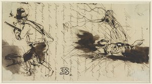 Hunter with dog, drawn over a letter by Eugène François de Block