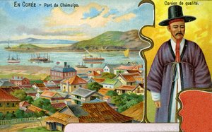 A Korean gentleman in traditional dress (hanbok) and hat (gat) and a view of the port of Chemulpo (Incheon), 1904