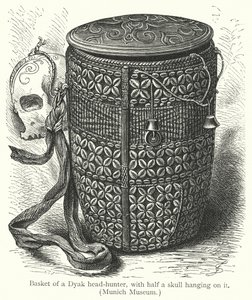 Basket of a Dyak head-hunter, with half a skull hanging on it by European School