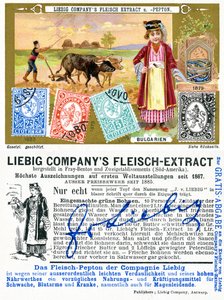 Bulgarian postage stamps, front and verso of a Liebig promotional card, 1897