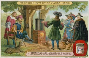 Denis Papin conducting trials of his piston steam engine in front of his friends, Marburg, Germany, 1690 by European School