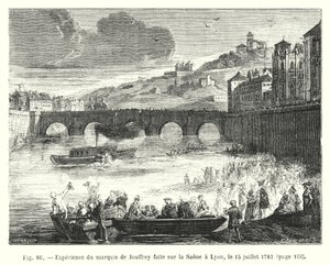 Experiment by Marquis de Jouffroy on the Saone in Lyon, July 15, 1783 (engraving) by European School