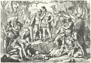 Germanicus burying the bones of soldiers of the three Roman legions commanded by Publius Quinctilius Varus destroyed by the Germans at the Battle of Teutoburg Forest in 9 BC by European School