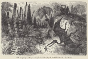 Imaginary Landscape during the Secondary Epoch, with Pterodactyls, Lias Period by European School