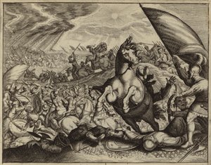 Israelites defeating the Amorite army after Joshua commanded the Sun and Moon to stand still by European School