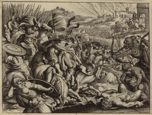 Israelites defeating the Benjamites and burning their city by European School