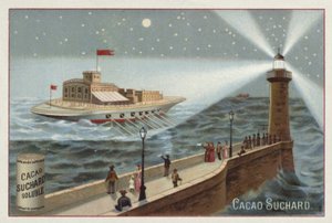 Large ship powered by oars illuminated by a lighthouse by European School