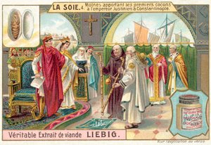 Monks bringing the first silk cocoons to the Emperor Justinian in Constantinople by European School