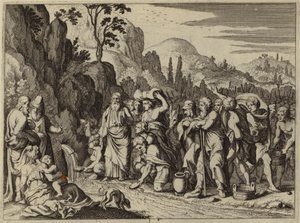 Moses striking the rock with his staff to bring forth water by European School