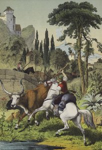 Mounted shepherds in Italy pursuing a Steppes Bull in a landscape with Wild Chestnut, Cluster Pine and Italian Poplar trees by European School