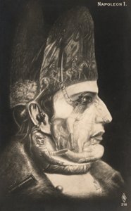 Portrait of Napoleon Bonaparte, with Scenes from His Battles Drawn on His Face and Hat
