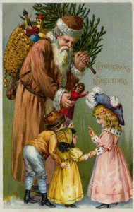 Santa Claus Giving Presents and a Christmas Tree to Children by European School