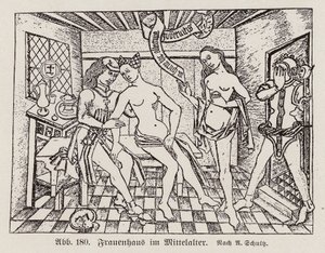 Scene in a Frauenhaus, a late medieval German brothel by European School