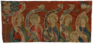 Tapestry Fragment Depicting the Almighty and Six Holy Women, Probably from an Antependium, End of 15th Century by European School