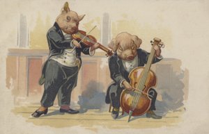 Two Pigs Playing Musical Instruments by European School