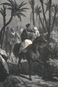 Cervantes rides a horse with a woman in an oasis